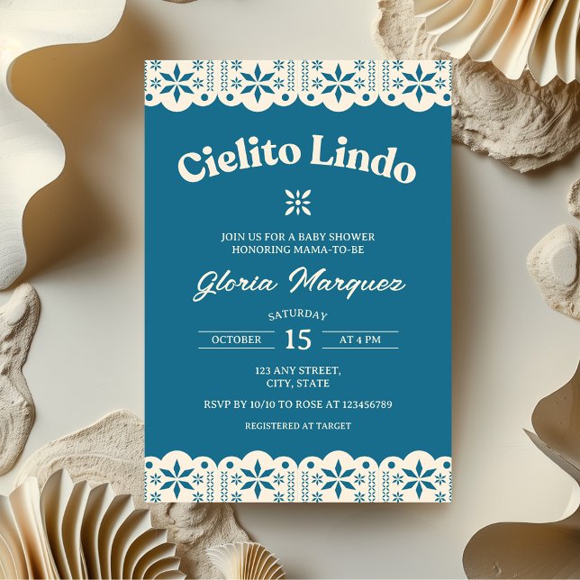 Cielito Lindo Papel Picado Blue Boy Baby Dusche Einladung (Cielito Lindo Blue Baby Shower Invitation)