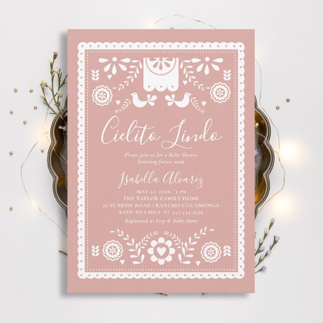 Cielito Lindo Pink Papel Picado Baby Shower Einladung (cielito lindo baby shower invitation mexican papel picado pink rancho fiesta elegant classy)
