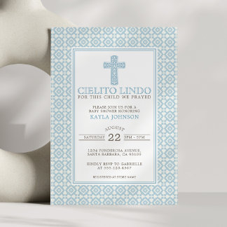 Cielito Lindo Religiöses florales Kreuz Blau Junge Einladung