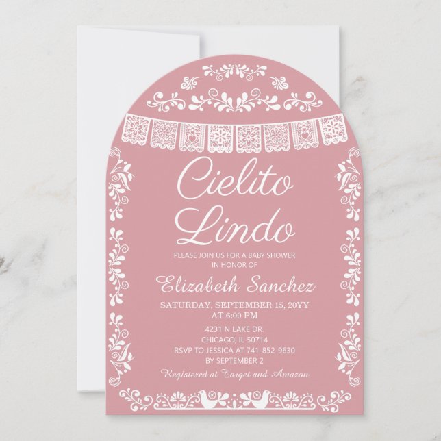 Cielito Lindo Rosa Baby Shower mit Papierschmetter Einladung (Vorderseite)