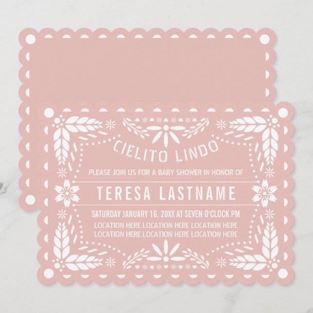 Cielito Lindo Rose Goldpapel Picado Babydusche Einladung (Vorne/Hinten)