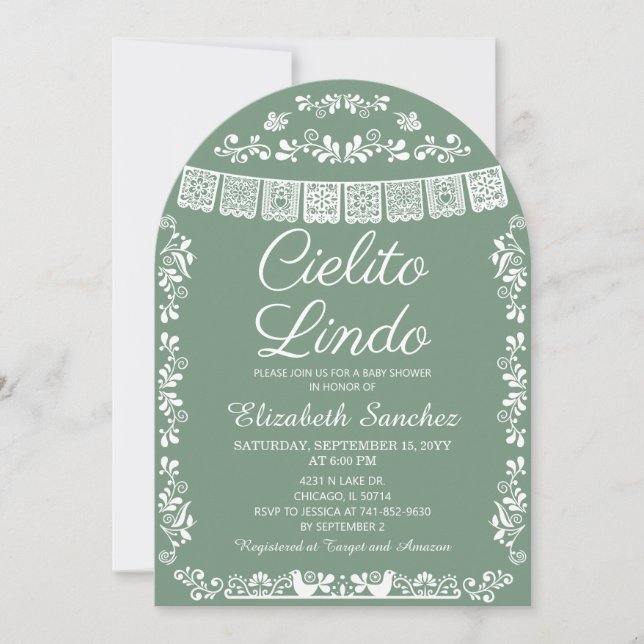 Cielito Lindo Sage Green Papel Picado Baby Shower Einladung (Vorderseite)