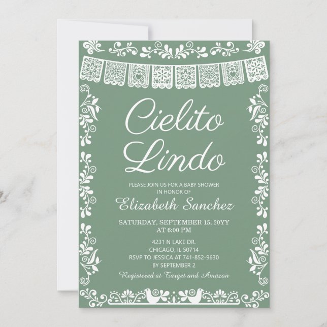 Cielito Lindo Sage Green Papel Picado Baby Shower Einladung (Vorderseite)