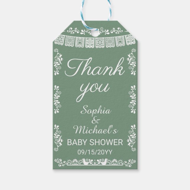 Cielito Lindo Sage Green Papel Picado Baby Shower Geschenkanhänger (Vorderseite)