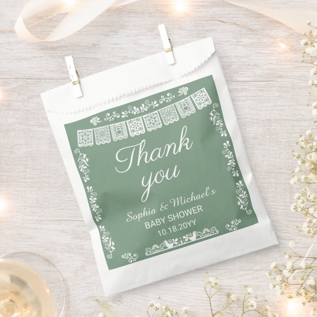 Cielito Lindo Sage Green Papel Picado Baby Shower Geschenktütchen (Ausgeschnitten)
