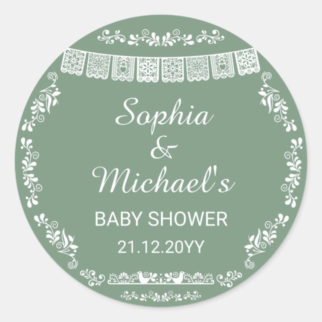 Cielito Lindo Sage Green Papel Picado Baby Shower Runder Aufkleber (Vorderseite)