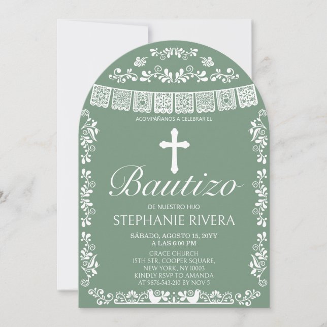 Cielito Lindo Salbei-Grüner Bautizo-Torbogen Einladung (Vorderseite)