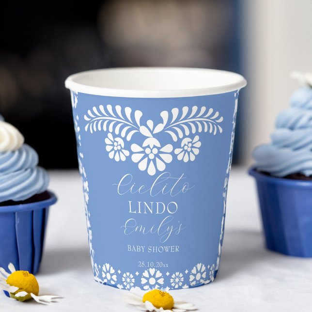 Cielito lindo staubblaue mexikanische Babydusche Pappbecher (Cielito lindo dusty blue Mexican baby shower personalized Paper Cups Papel picado custom paper cups)