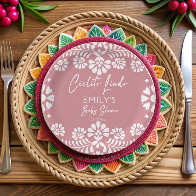 Cielito lindo staubige rosa mexikanische Babydusch Pappteller (Cielito lindo dusty pink Mexican fiesta papel picado baby shower personalized Paper Plates)