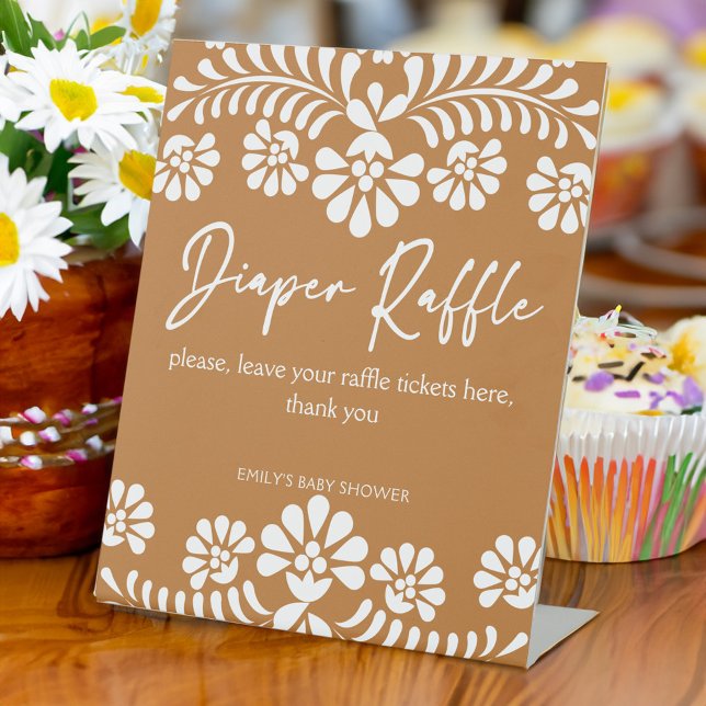 Cielito lindo Terracotta Babydusche Windpreisraffi Sockelschild (Cielito lindo terracotta Mexican fiesta Papel Picado  baby shower diaper raffle pedestal sign)