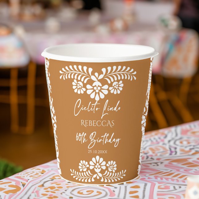 Cielito lindo terracotta mexikanische 60. Geburtst Pappbecher (Cielito lindo terracotta Mexican 60th birthday party  monogrammed Paper Cups personalized decor)