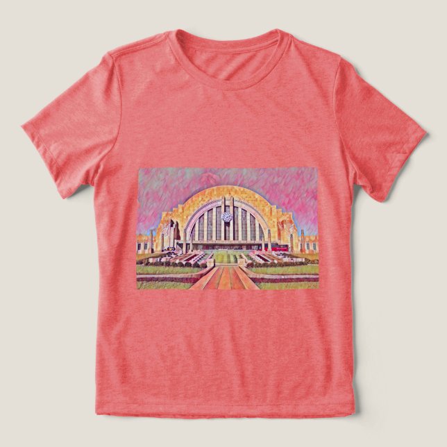 Cincinnati Gewerkschaft Terminal Aquarellmalerei Tri-Blend Shirt (Design Vorderseite)