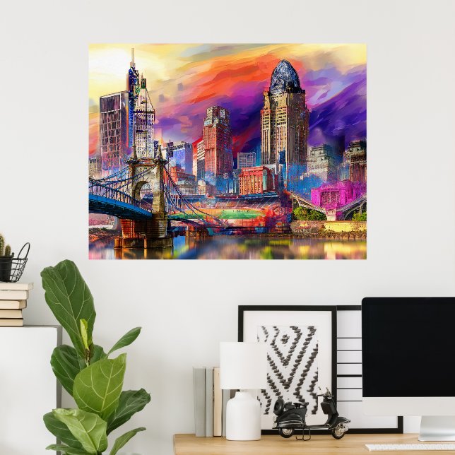 Cincinnati Ohio Abstrakte Skyline Kunst, Dichtung  Poster (Heimbüro)