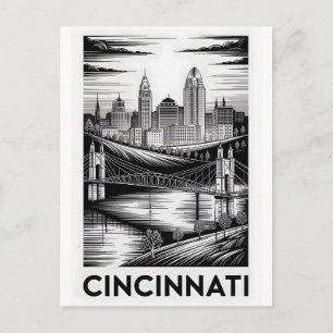 Cincinnati Ohio Skyline Schwarz Weiß Holzschnitt Postkarte
