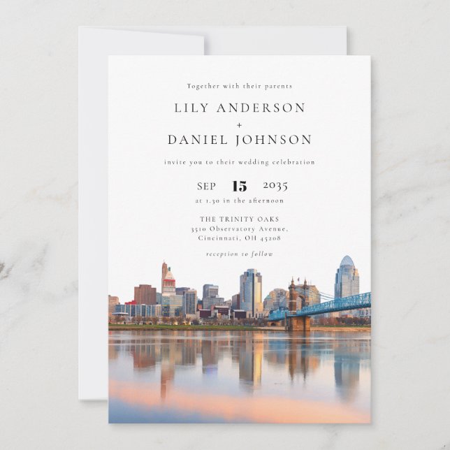 Cincinnati-Skyline-Aquarell-QR-Code-Hochzeit Einladung (Vorderseite)