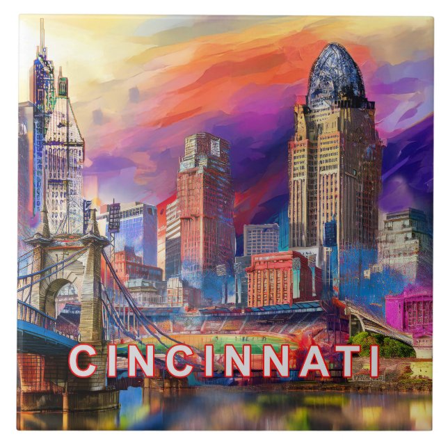 Cincinnati Skyline Kunst  Fliese (Vorderseite)