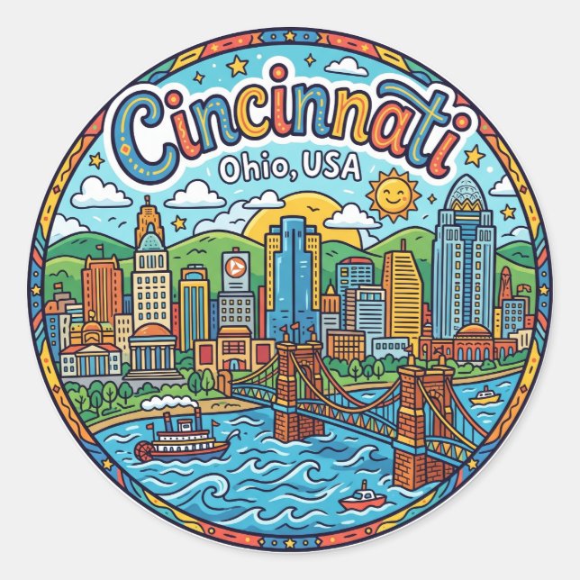 Cincinnati Skyline, Ohio, USA Ohio Runder Aufkleber (Vorderseite)