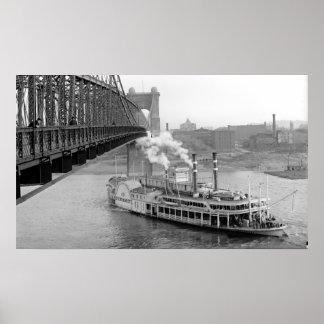 Cincinnati Suspension Bridge und Steamboat 1906 BW Poster