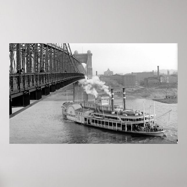 Cincinnati Suspension Bridge und Steamboat 1906 BW Poster (Vorne)
