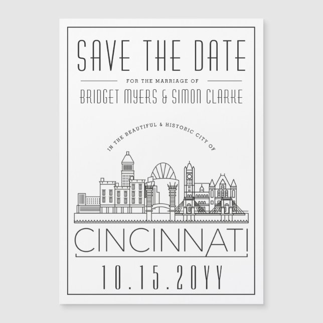 Cincinnati Wedding Stylized Skyline Save the Date Magneteinladung (Vorderseite)