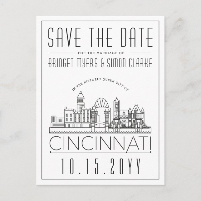 Cincinnati Wedding Stylized Skyline Save the Date Postkarte (Vorderseite)
