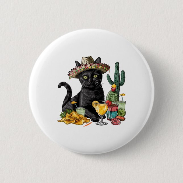 Cinco De Mayo Black Cat Mexikanische Küche Black C Button (Vorderseite)