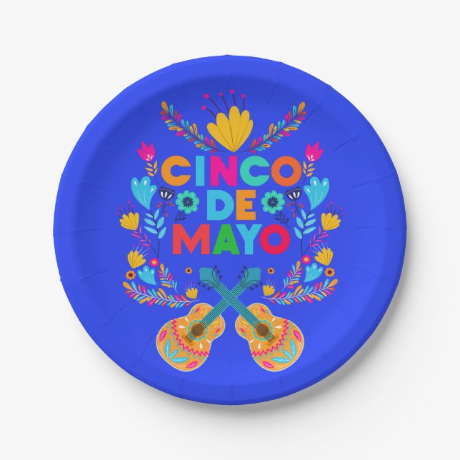 Cinco De Mayo Blume und Gitarren Pappteller (Vorderseite)