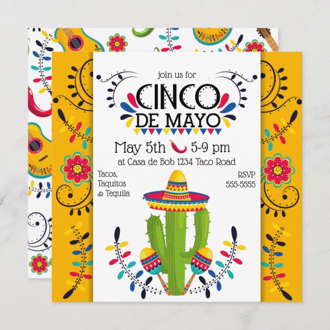 Cinco de Mayo Cactus Maracas Folk Einladung (Vorne/Hinten)
