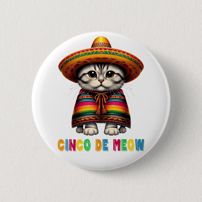 Cinco De Mayo Funny Mexican Cat Sombrero Meow Button (Vorderseite)