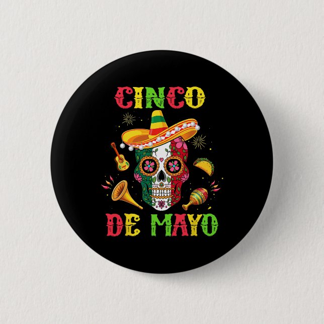 Cinco De Mayo Mexikanischer Zucker-Schädel-Fiesta- Button (Vorderseite)