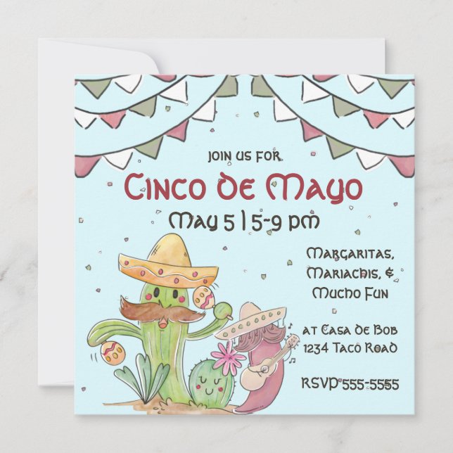 Cinco de Mayo Singing Cactus und Pepper Mariachis Einladung (Vorderseite)