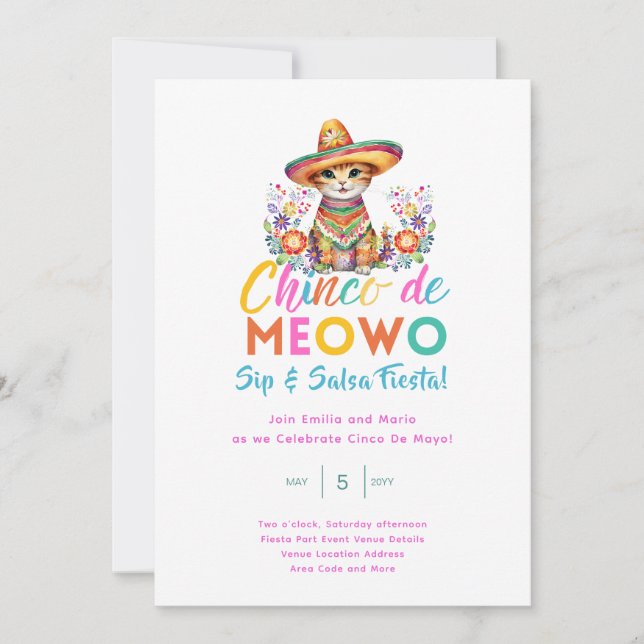 Cinco De Mayo Sip und Salsa Funny Cat FIESTA Einladung (Vorderseite)