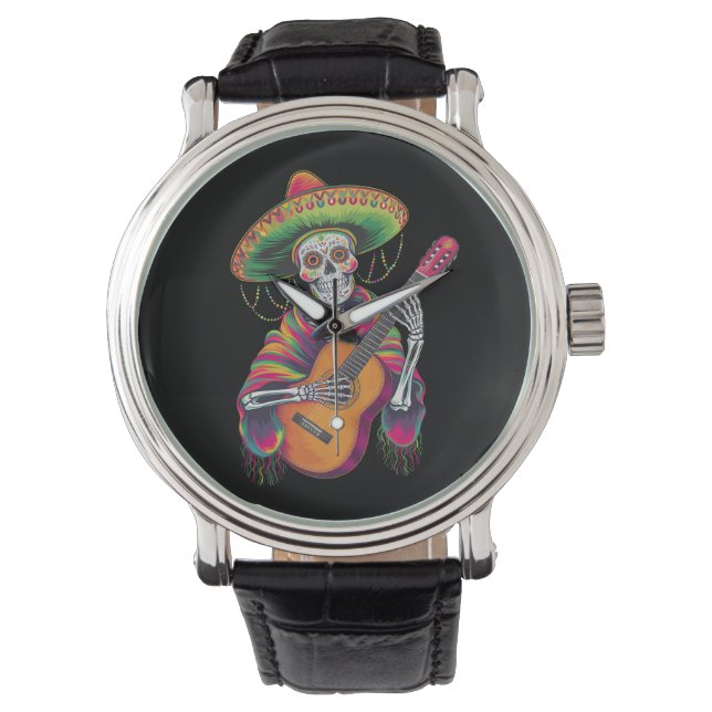 Cinco De Mayo Skeleton Skull Fiesta Guitar Armbanduhr (Vorderseite)