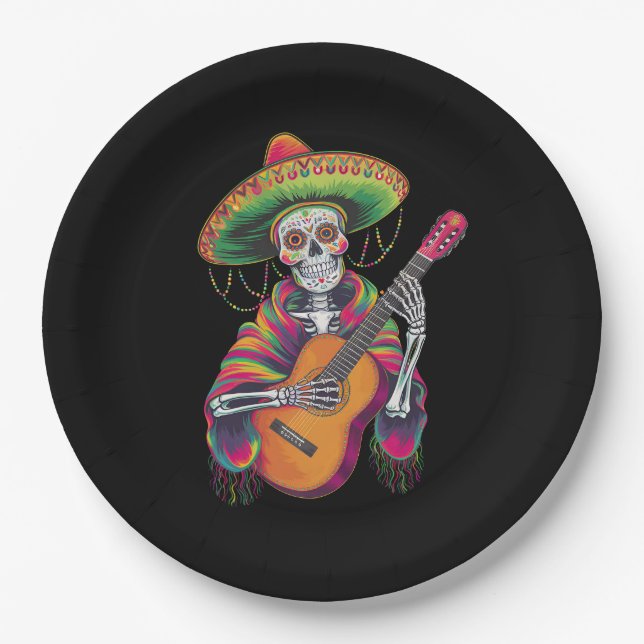 Cinco De Mayo Skeleton Skull Fiesta Guitar Pappteller (Vorderseite)