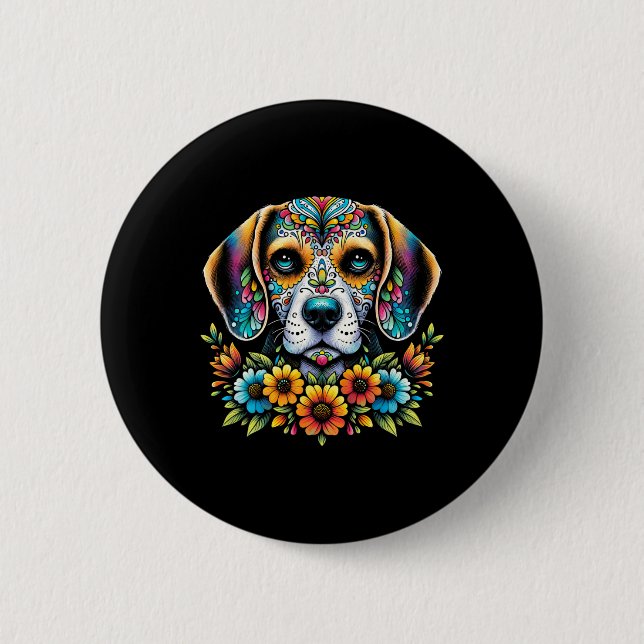 Cinco De Mayo Zucker-Schädel-Blume Beagle-Hund  Button (Vorderseite)