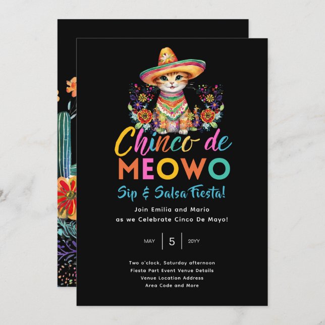 Cinco De Meowo Fun Cat Fiesta Party Time Einladung (Vorne/Hinten)