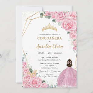 Cincoañera Pink Roses Floral Gold Prinzessin Crown Einladung