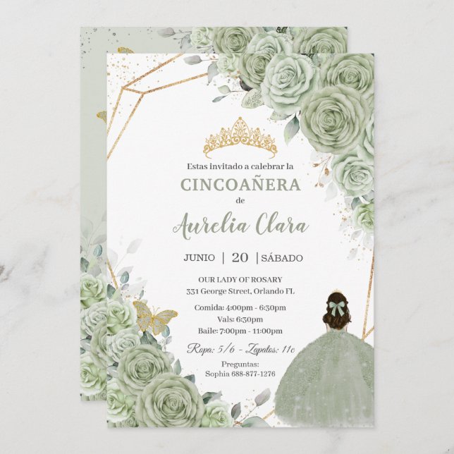 Cincoañera Sage Green Floral Gold Princess Dress Einladung (Vorne/Hinten)