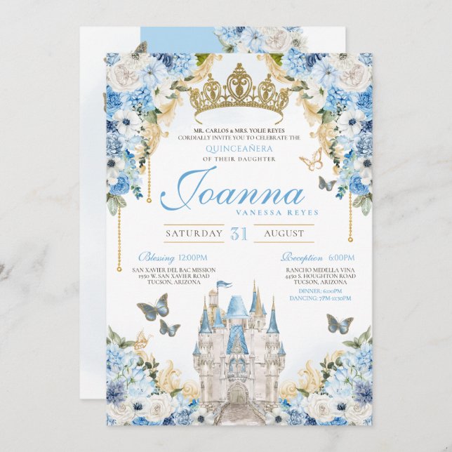 Cinderella Blue Gold Princess Castle Quinceanera Einladung (Vorne/Hinten)