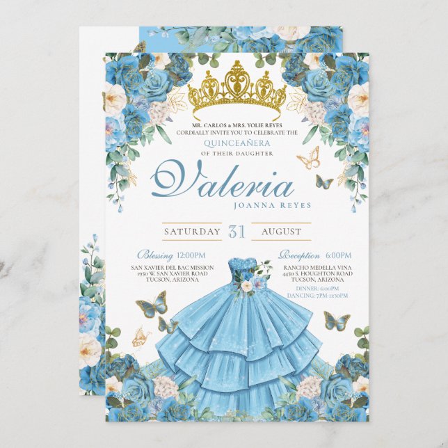Cinderella Blue Rose Butterfly Princess Birthday Einladung (Vorne/Hinten)