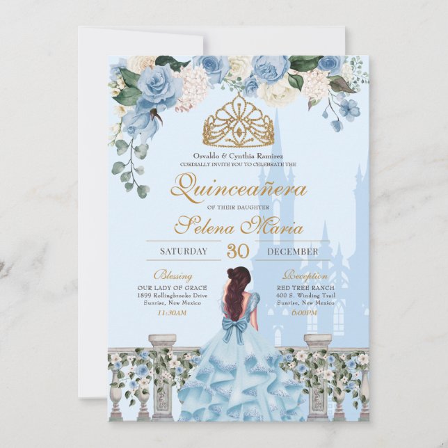 Cinderella Blue Rose & Goldrennin Quinceanera Einladung (Vorderseite)