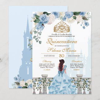Cinderella Blue Rose & Goldrin Quinceañera Einladung