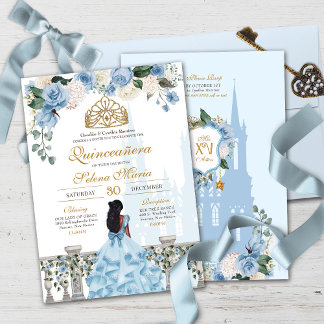 Cinderella Blue Rose & Goldrin Quinceañera Einladung