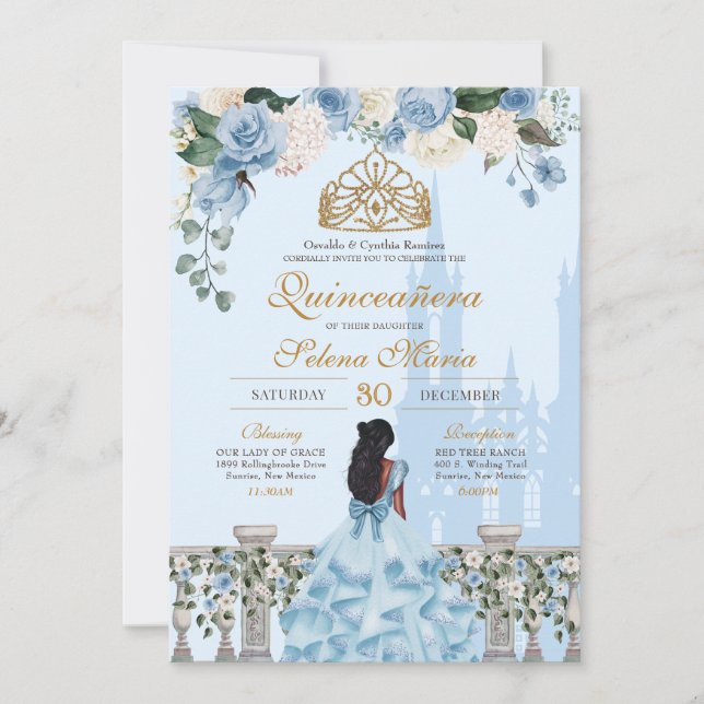 Cinderella Blue Rose & Goldrin Quinceañera Einladung (Vorderseite)