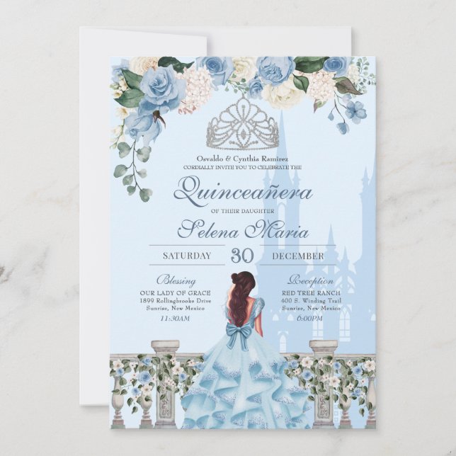 Cinderella Blue Rose Silver Princess Quinceañera Einladung (Vorderseite)