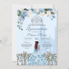 Cinderella Blue Rose Silver Princess Quinceañera Einladung