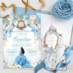 Cinderella Blue Rosen Luxury Princess Quinceanera Einladung