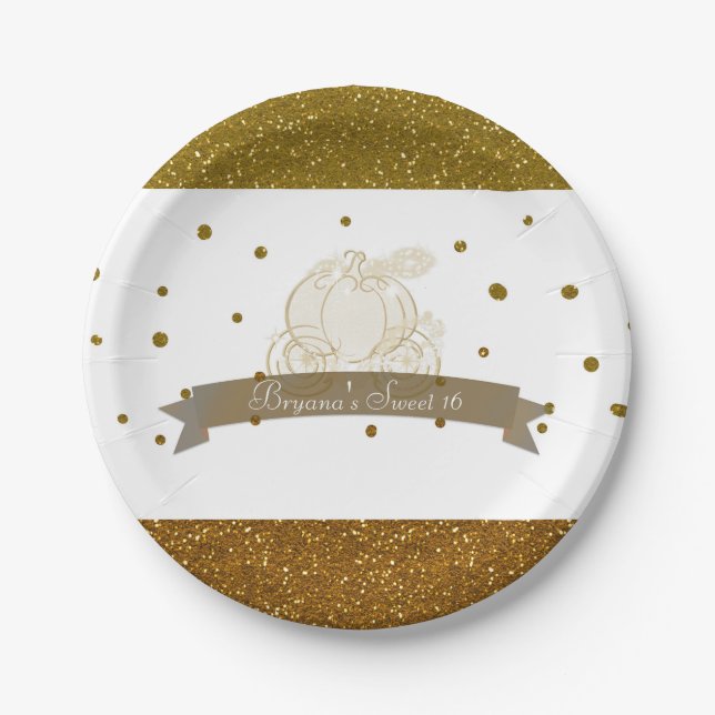 Cinderella Carriage Gold Glitzer Dots Party Teller (Vorderseite)
