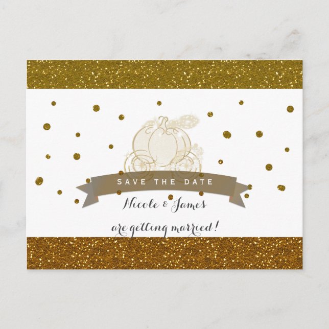 Cinderella Carriage Gold Glitzer Save the Date Ankündigungspostkarte (Vorderseite)
