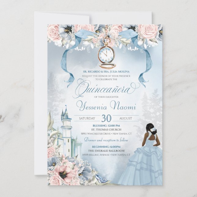 Cinderella Fairy Tale Blue Pink Floral Quinceanera Einladung (Vorderseite)